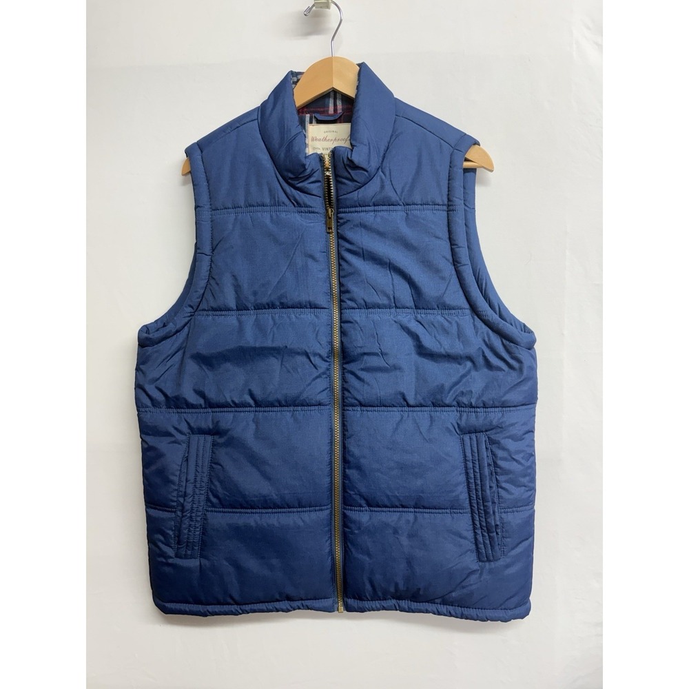 Weatherproof‎ Vintage Men's Blue Puffer Vest Large Quilted Zip Plaid Lined